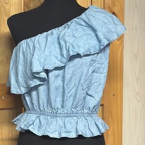 Blue One-Shoulder Ruffle Top